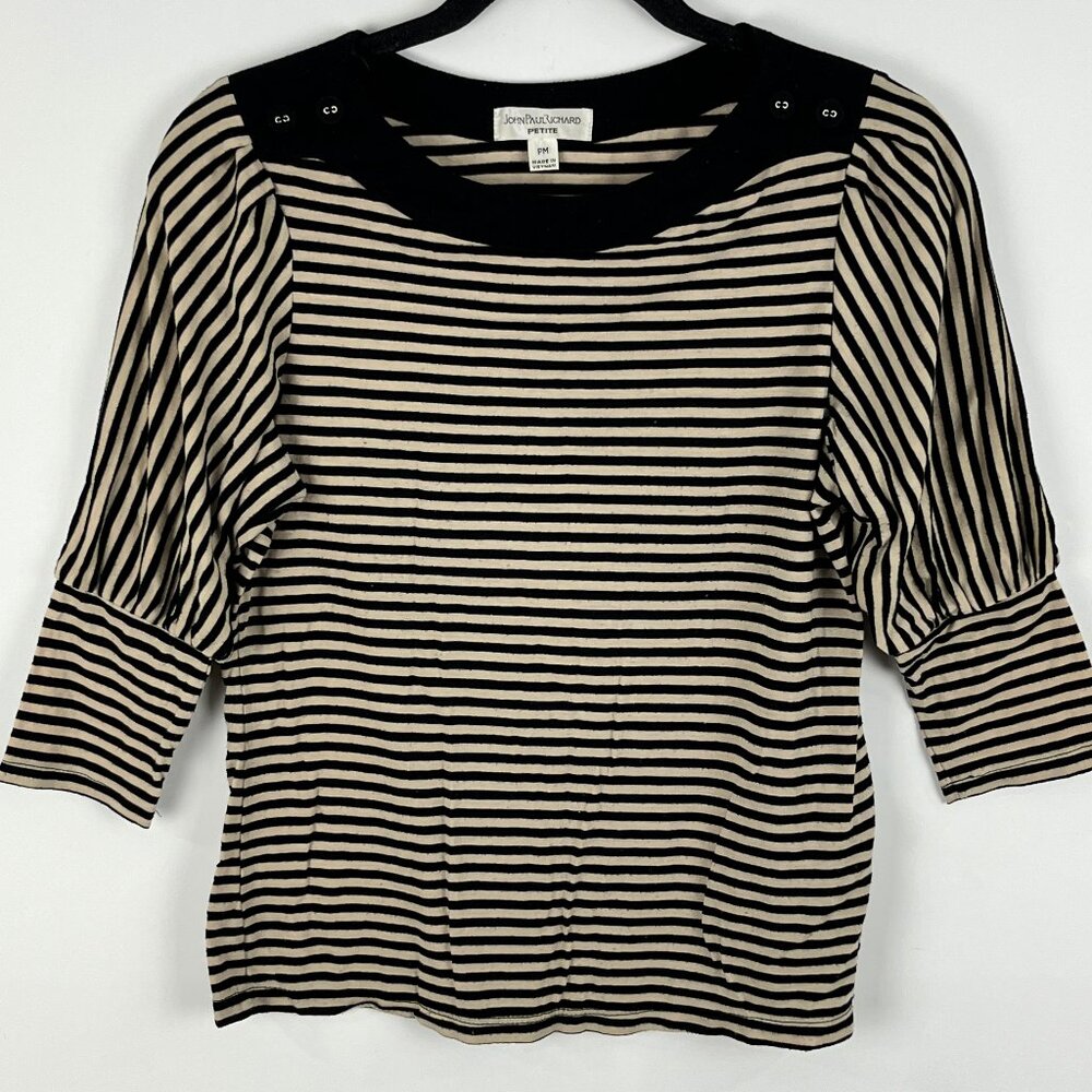 John Paul Richard Top Blouse Size PM Beige Black Striped 3/4 Sleeve Round Neck